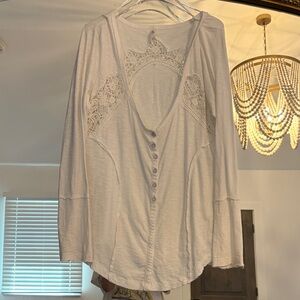 Free People Ivory Crochet-Trim Long Sleeve Button Top